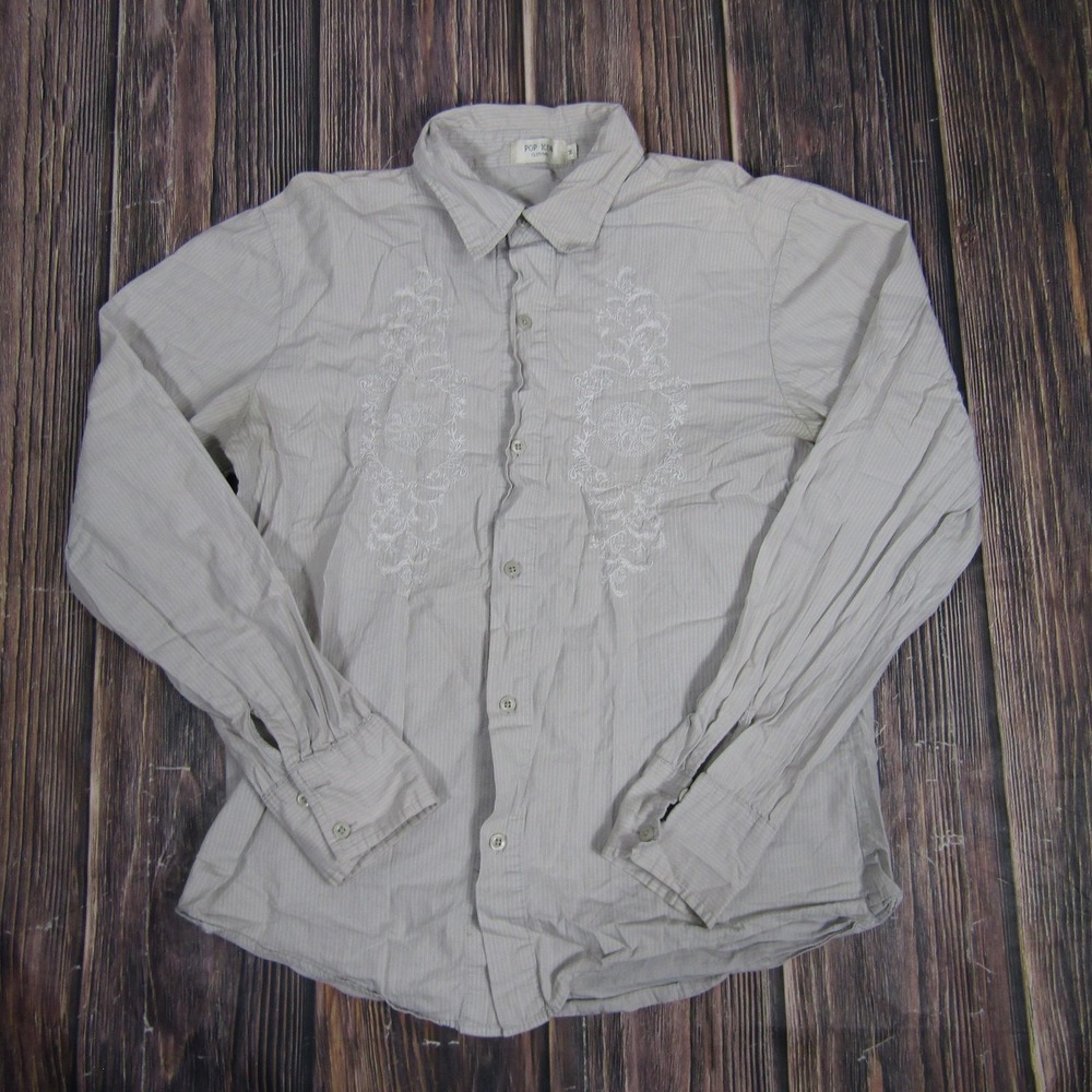 Pop Icon Shirt Womens Medium Gray Striped Embroidered Button Up Long Sleeve Top